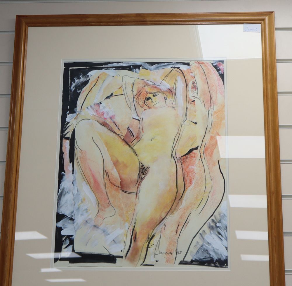 Heather Jansch, mixed media, Reclining female nude, signed and dated 98, 58 x 46cm